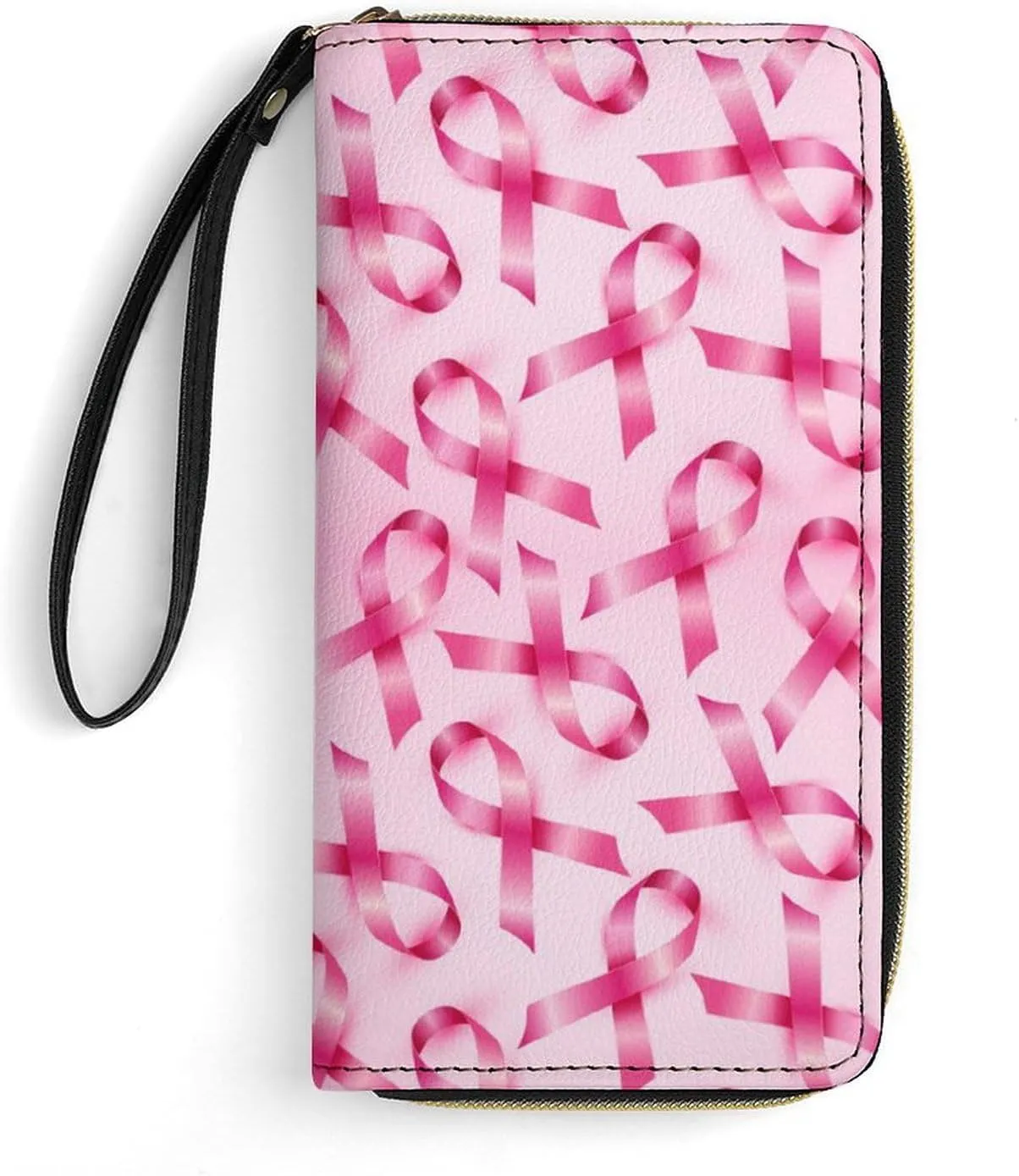 PU Leather Wallet for Women, Travel Credit Card Holder Breast Cancer Ribbons Awareness Pink Zipper Long Purse Waterproof Wallet with Wrist strap