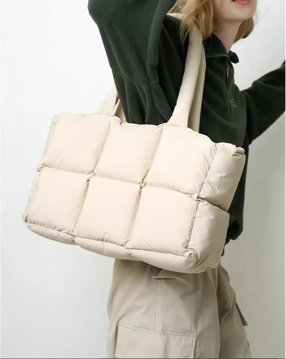Puffer Bag for Women Large Quilted Grid Bag Puffy Handbag Lightweight Satchel Tote Bag for Work,Travel and Fitness