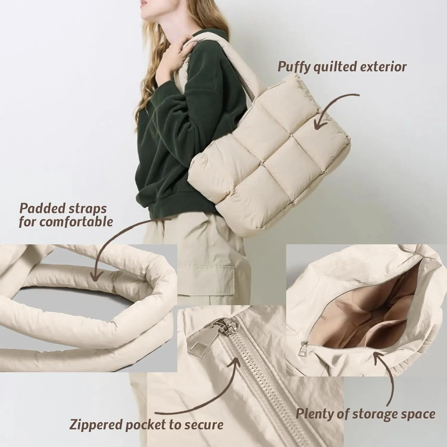 Puffer Bag for Women Large Quilted Grid Bag Puffy Handbag Lightweight Satchel Tote Bag for Work,Travel and Fitness