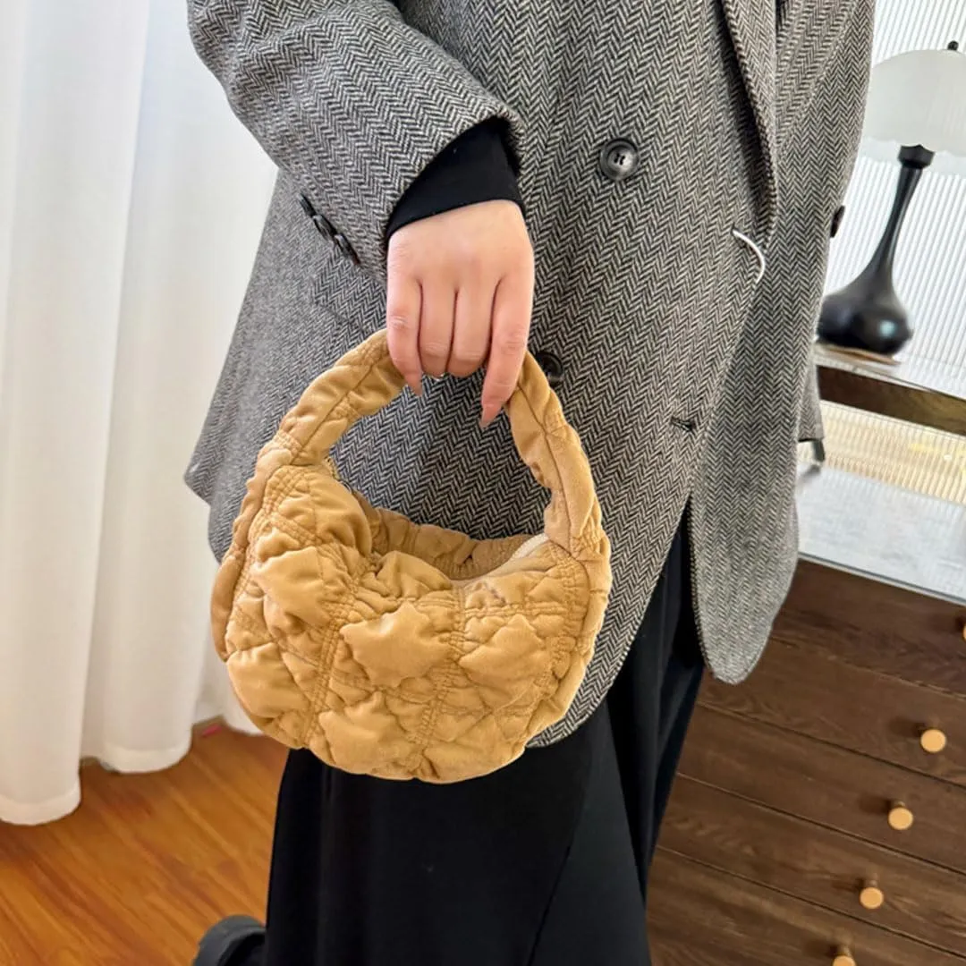 Puffer Bag for Women Mini Bubble Purse Velvet Clutch Lightweight Puffy Handbag Quilted Tote Bag Crescent Carryall Bag