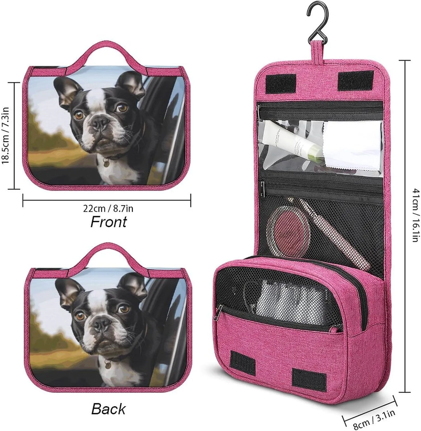 Puppy Dog Boston Terrier Travel Toiletry Bag for Women,Hanging Toiletry Organizer with Hook, Makeup Bag Travel Organizer for Shampoo,Toiletriesl