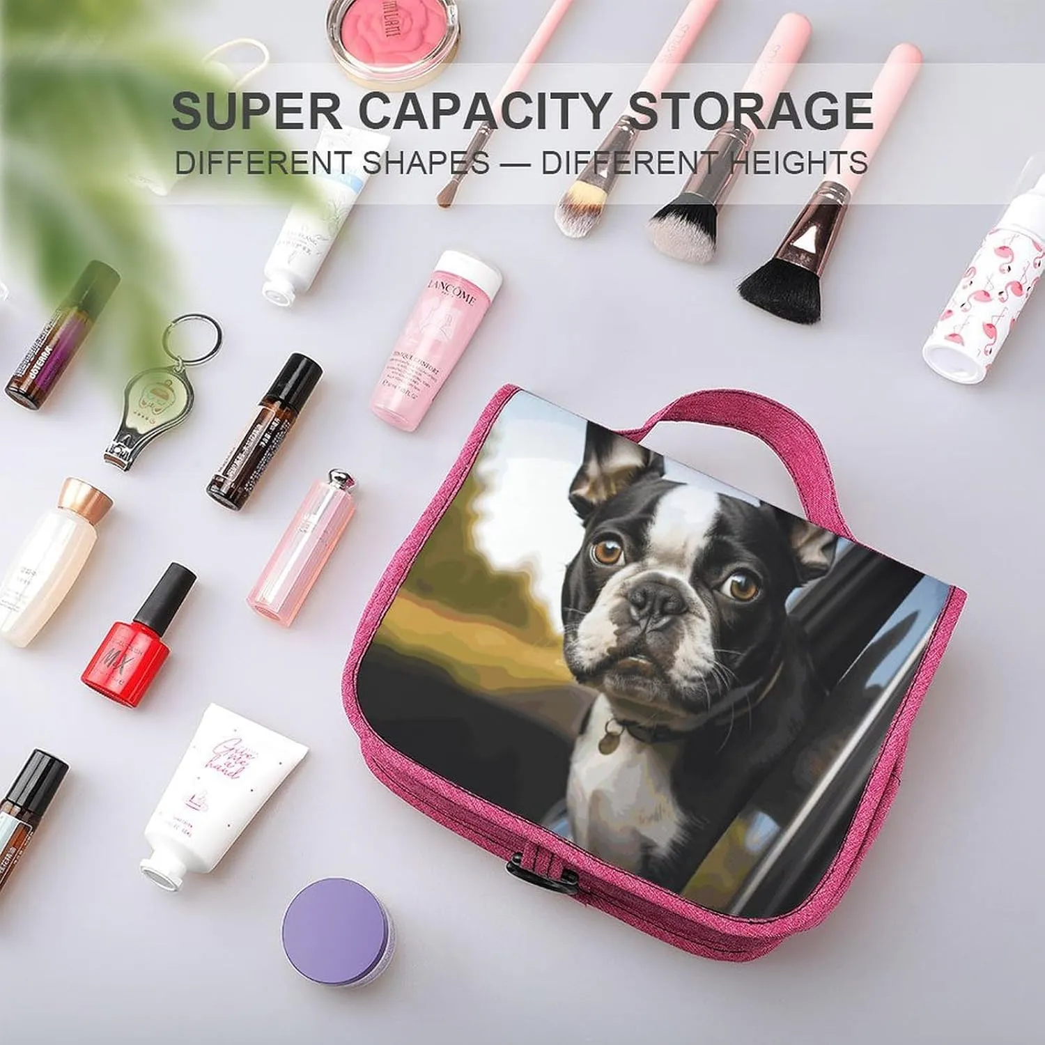 Puppy Dog Boston Terrier Travel Toiletry Bag for Women,Hanging Toiletry Organizer with Hook, Makeup Bag Travel Organizer for Shampoo,Toiletriesl