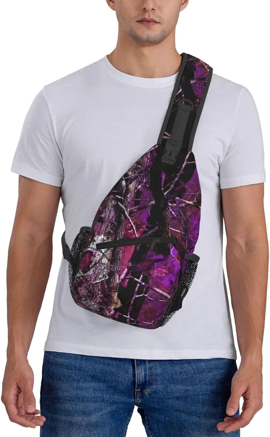 Purple Camouflage Leaves Outdoor Crossbody Shoulder Bag For Unisex Young Adult Hiking Bicycling