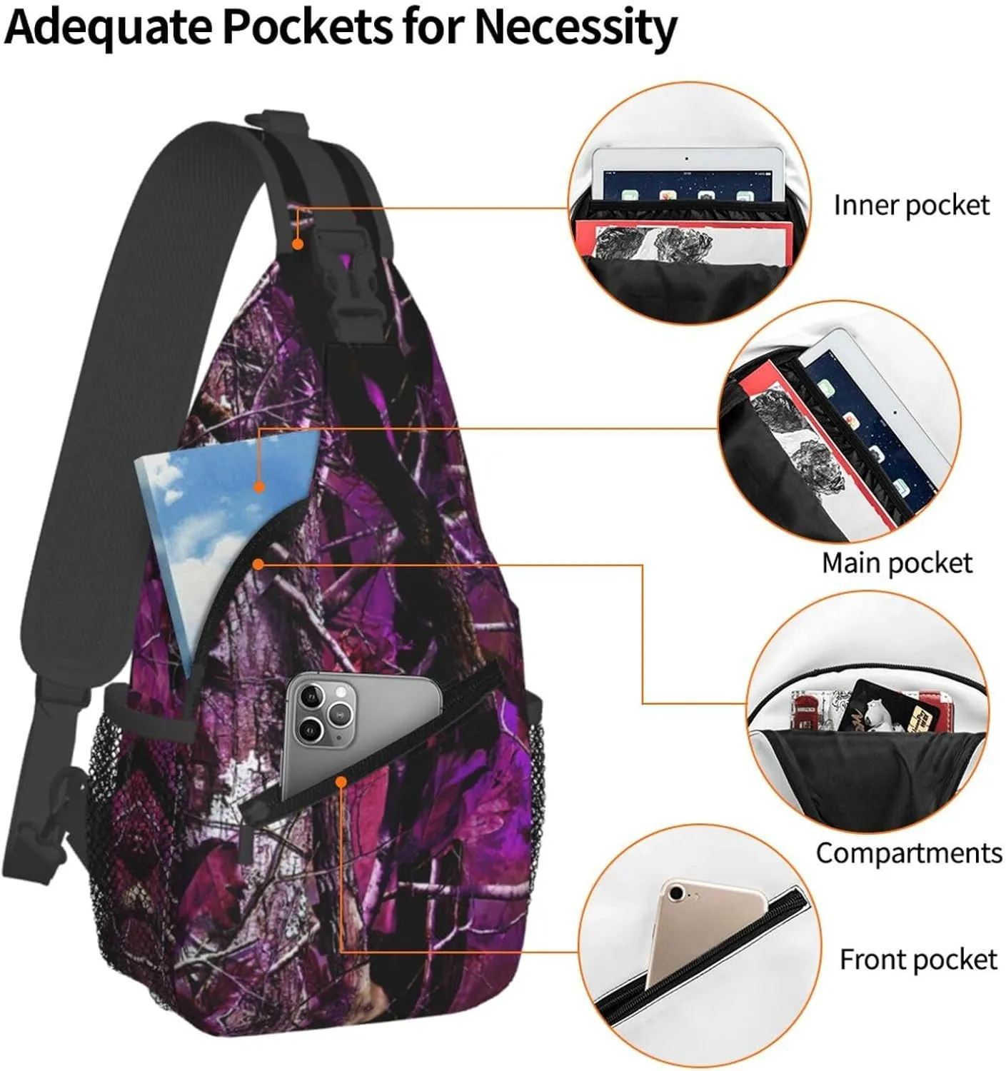 Purple Camouflage Leaves Outdoor Crossbody Shoulder Bag For Unisex Young Adult Hiking Bicycling