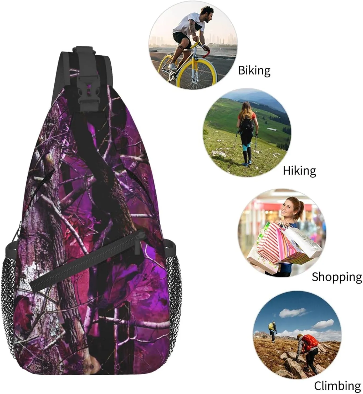 Purple Camouflage Leaves Outdoor Crossbody Shoulder Bag For Unisex Young Adult Hiking Bicycling