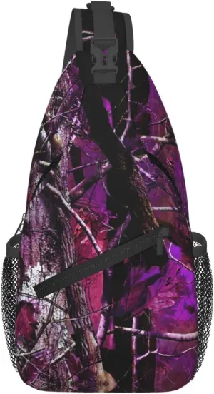 Purple Camouflage Leaves Outdoor Crossbody Shoulder Bag For Unisex Young Adult Hiking Bicycling
