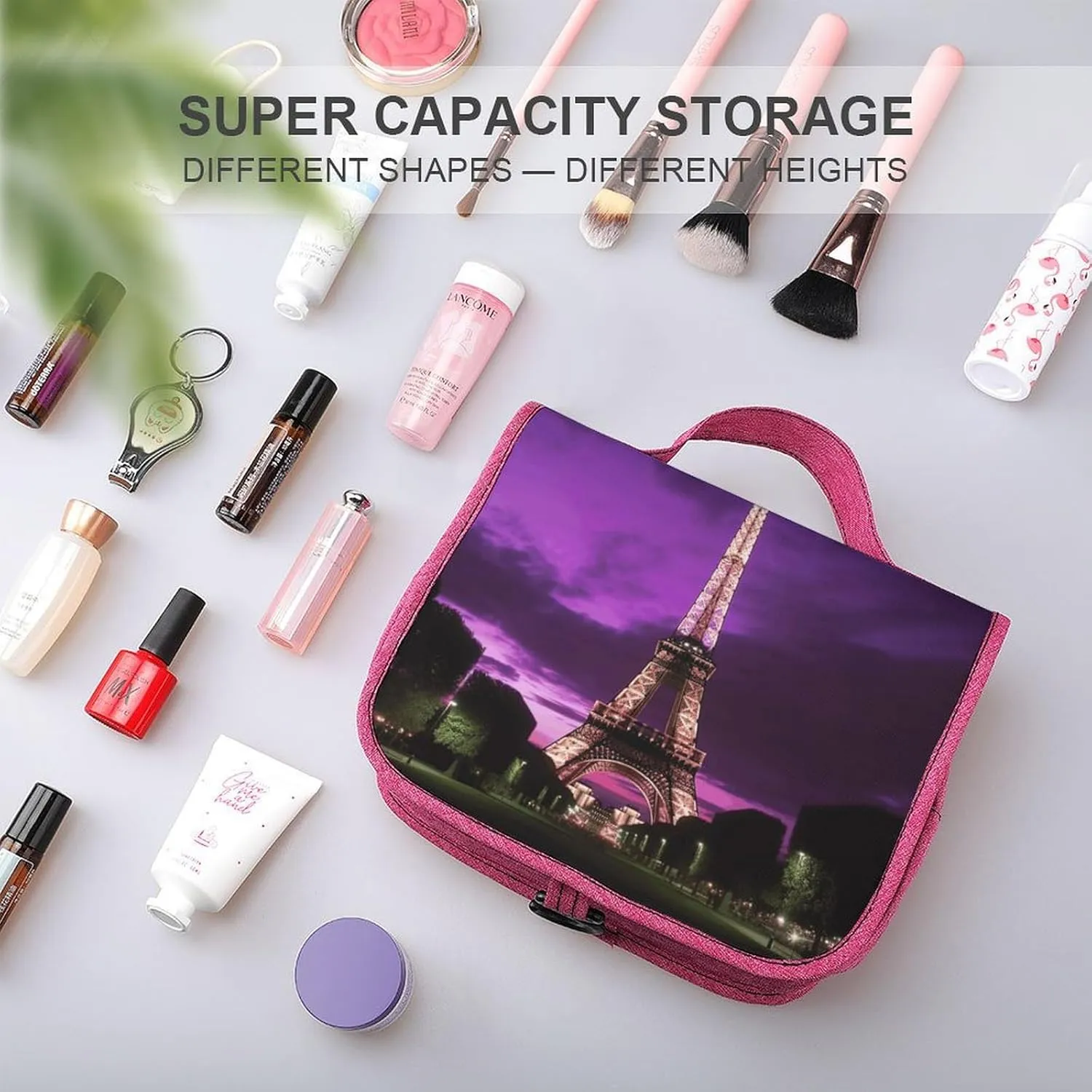 Purple Eiffel Tower Travel Toiletry Bag for Women,Hanging Toiletry Organizer with Hook, Makeup Bag Travel Organizer for Shampoo,Toiletriesl