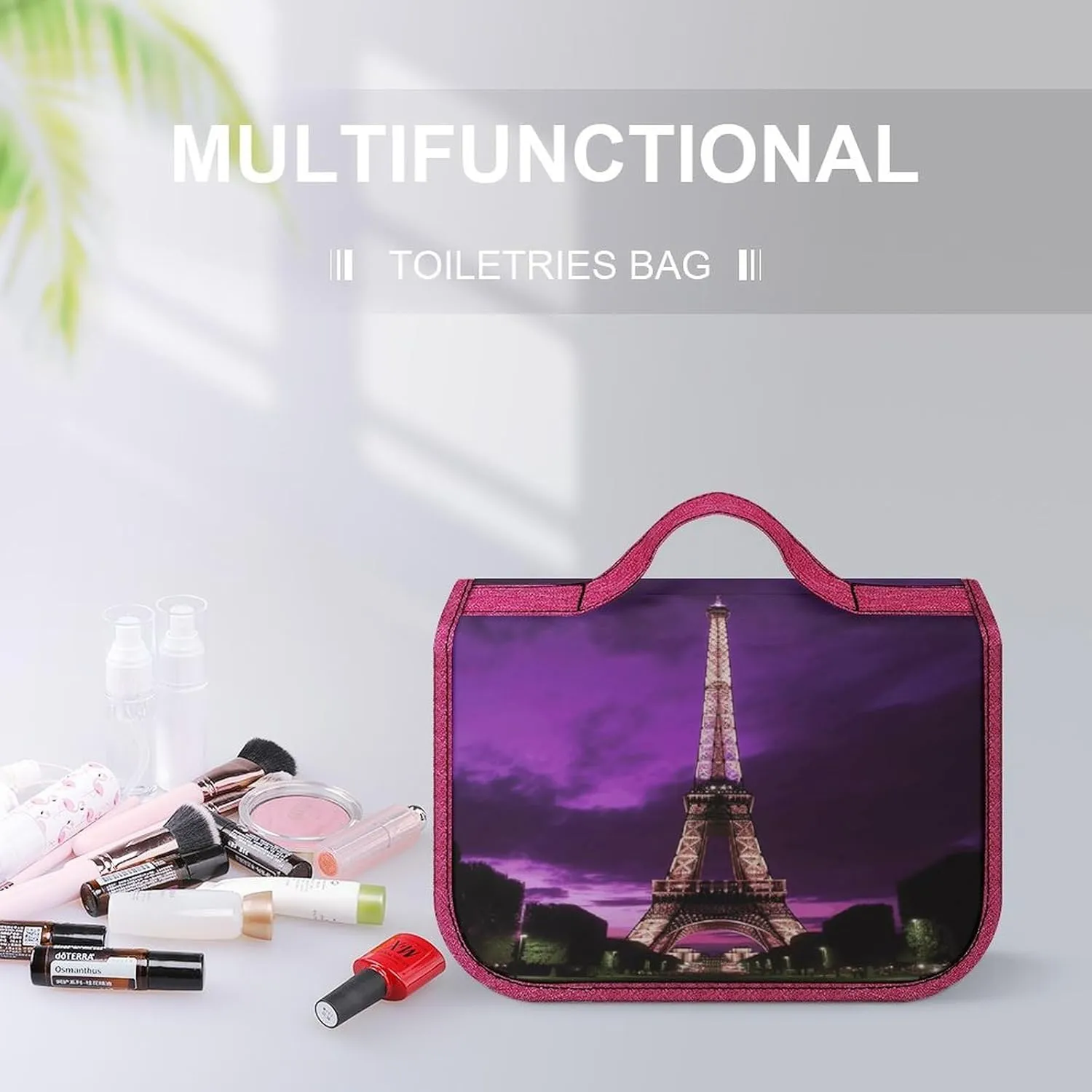 Purple Eiffel Tower Travel Toiletry Bag for Women,Hanging Toiletry Organizer with Hook, Makeup Bag Travel Organizer for Shampoo,Toiletriesl