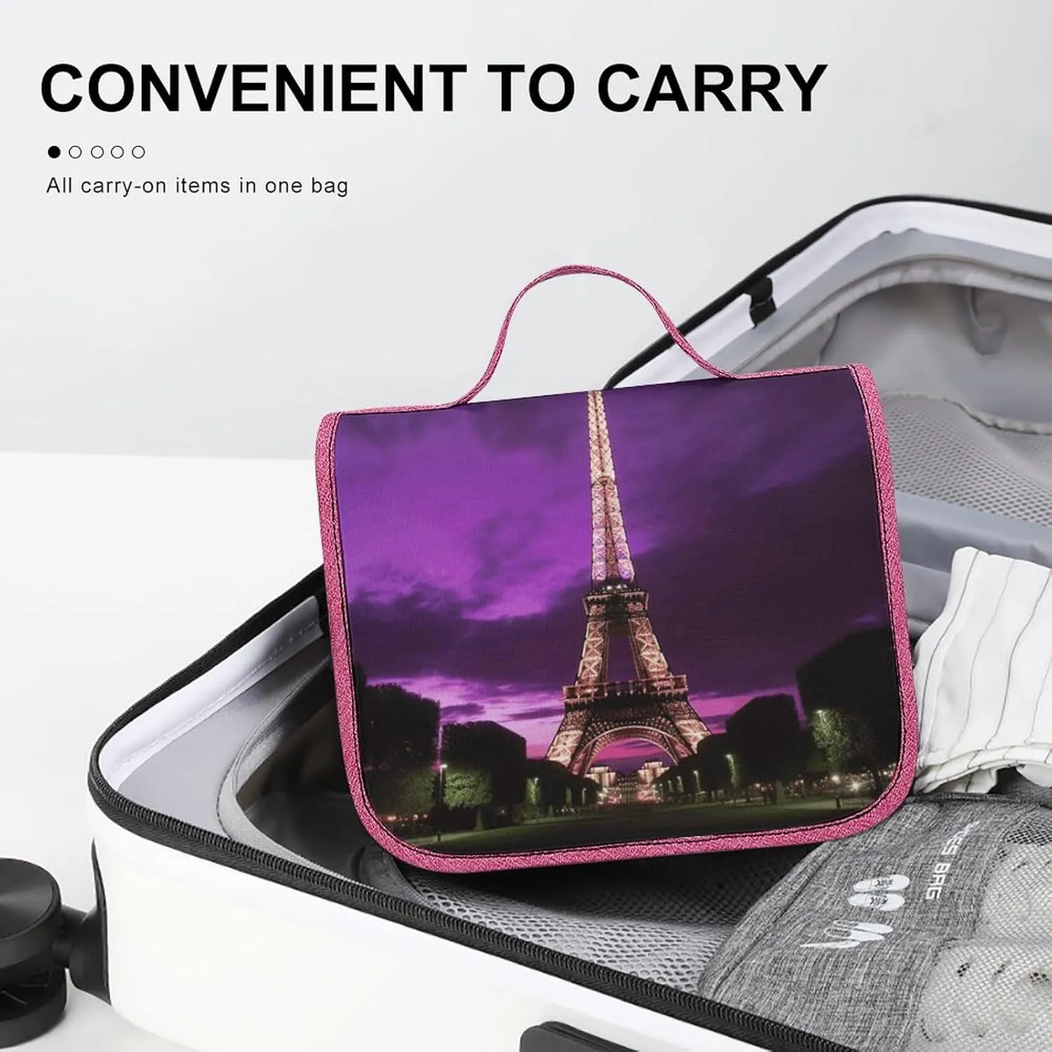 Purple Eiffel Tower Travel Toiletry Bag for Women,Hanging Toiletry Organizer with Hook, Makeup Bag Travel Organizer for Shampoo,Toiletriesl
