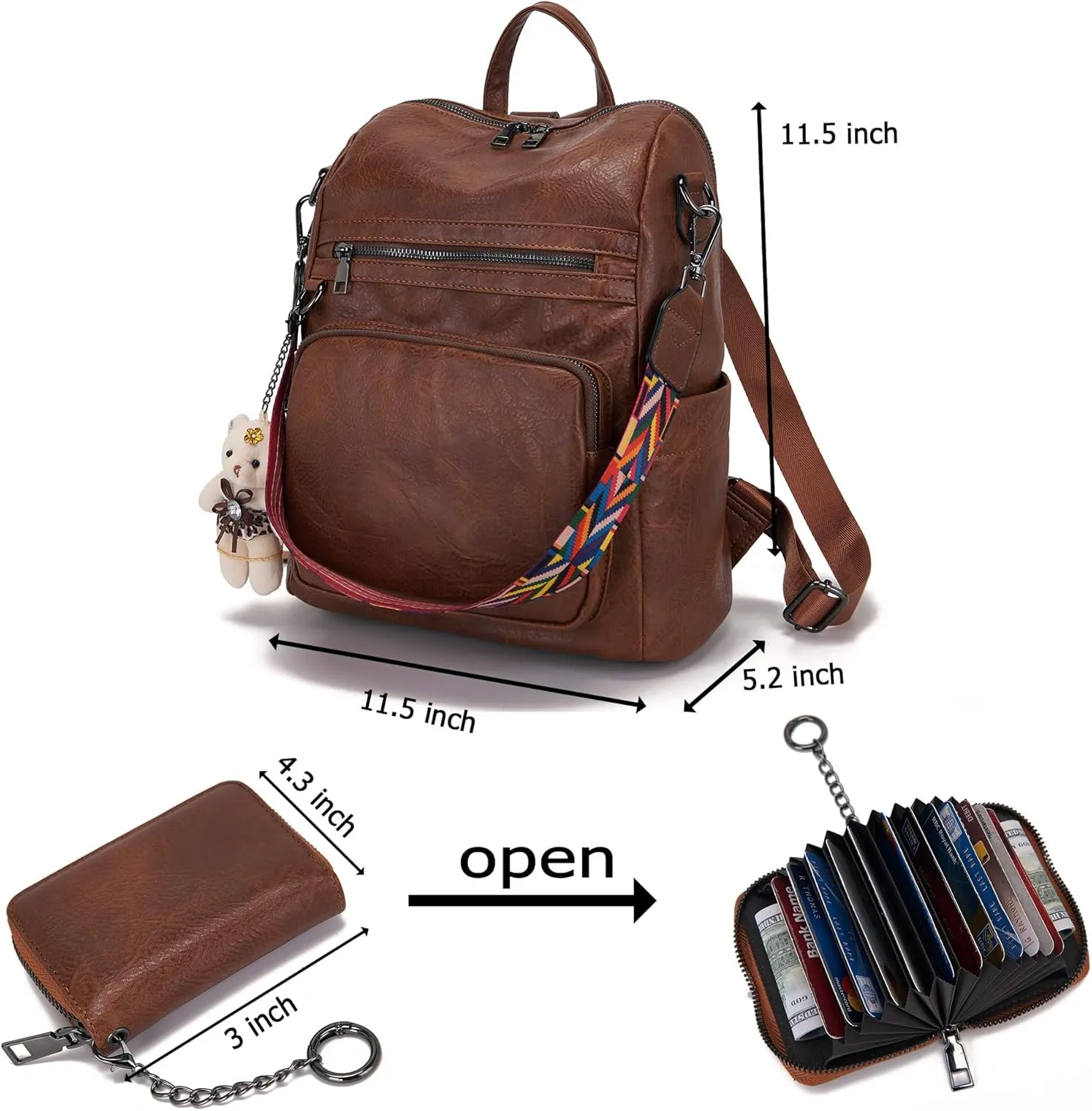 Qiyuer Women's Fashion PU Leather Backpack Purse for Women Designer Ladies Travel Convertible Brown