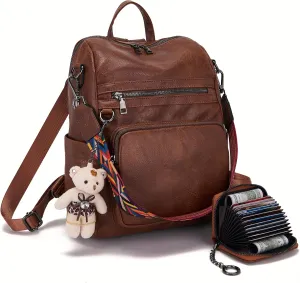 Qiyuer Women's Fashion PU Leather Backpack Purse for Women Designer Ladies Travel Convertible Brown