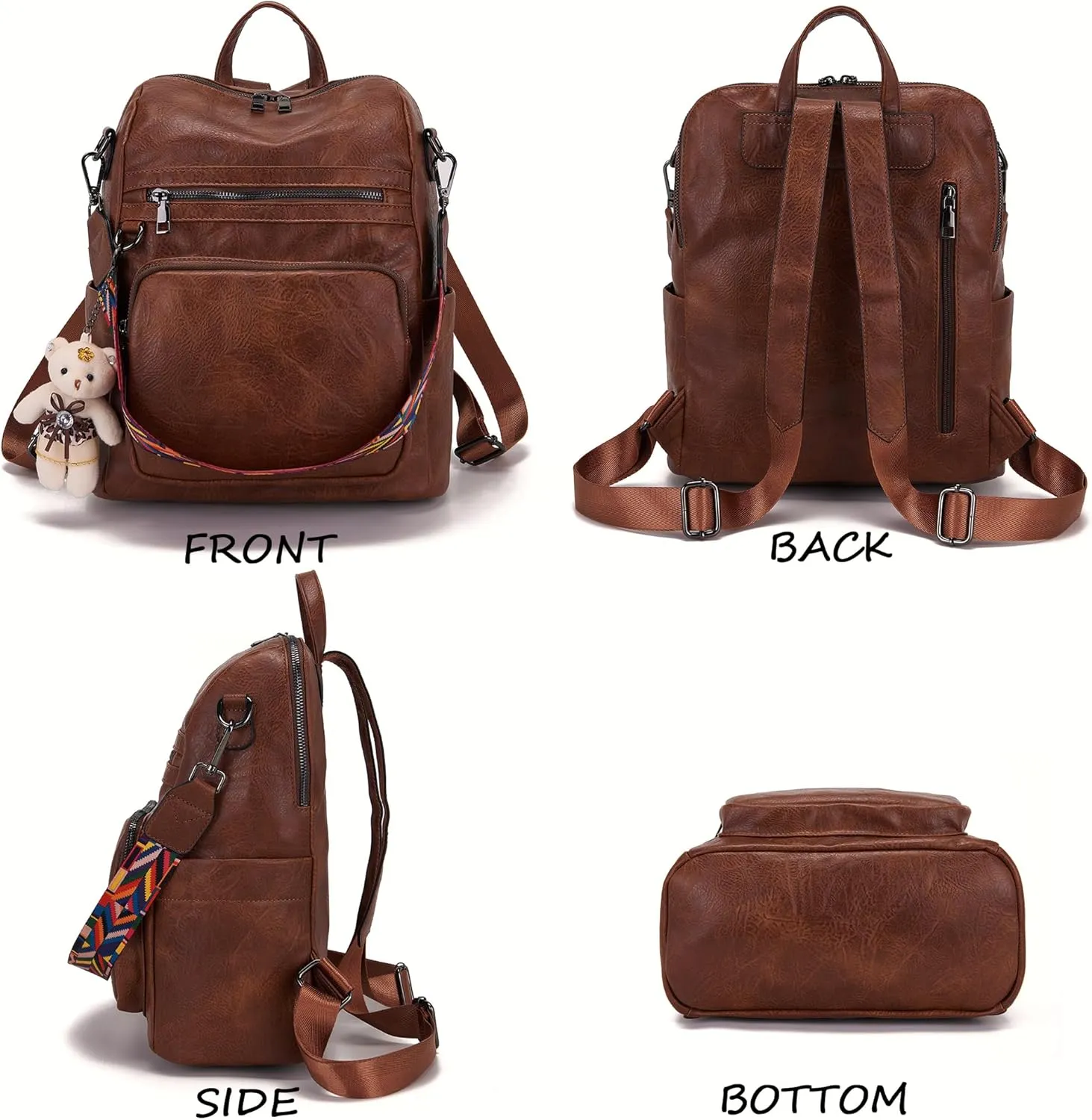 Qiyuer Women's Fashion PU Leather Backpack Purse for Women Designer Ladies Travel Convertible Brown