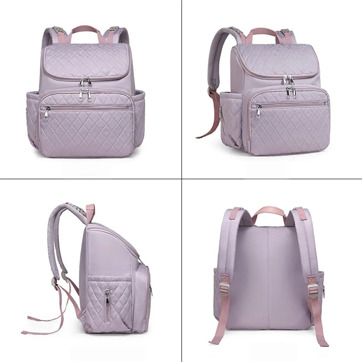 Quilted Diaper Bag Backpack Washable, Diaper Backpack with Changing Pad and Insulated Bottle Pocket (Purple)