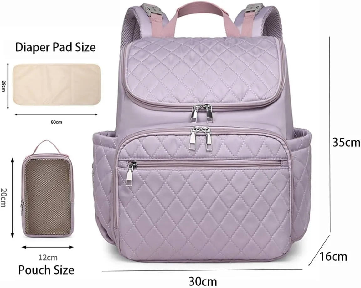 Quilted Diaper Bag Backpack Washable, Diaper Backpack with Changing Pad and Insulated Bottle Pocket (Purple)