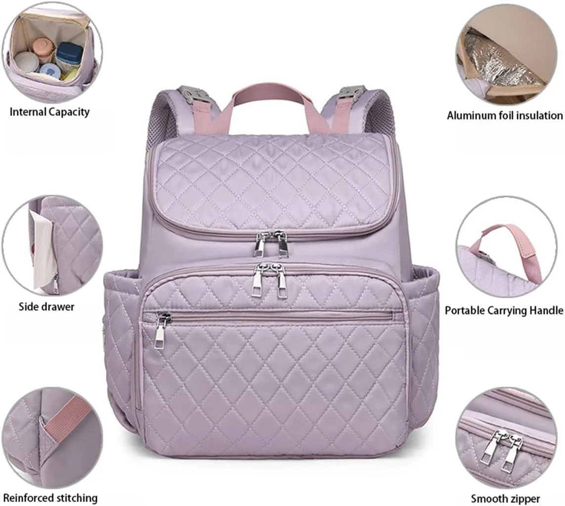 Quilted Diaper Bag Backpack Washable, Diaper Backpack with Changing Pad and Insulated Bottle Pocket (Purple)