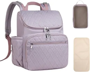 Quilted Diaper Bag Backpack Washable, Diaper Backpack with Changing Pad and Insulated Bottle Pocket (Purple)