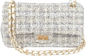 Quilted Tweed Convertible Shoulder Bag for Women Trendy Crossbody Chain Purse for Evening, Casual, and Travel Use