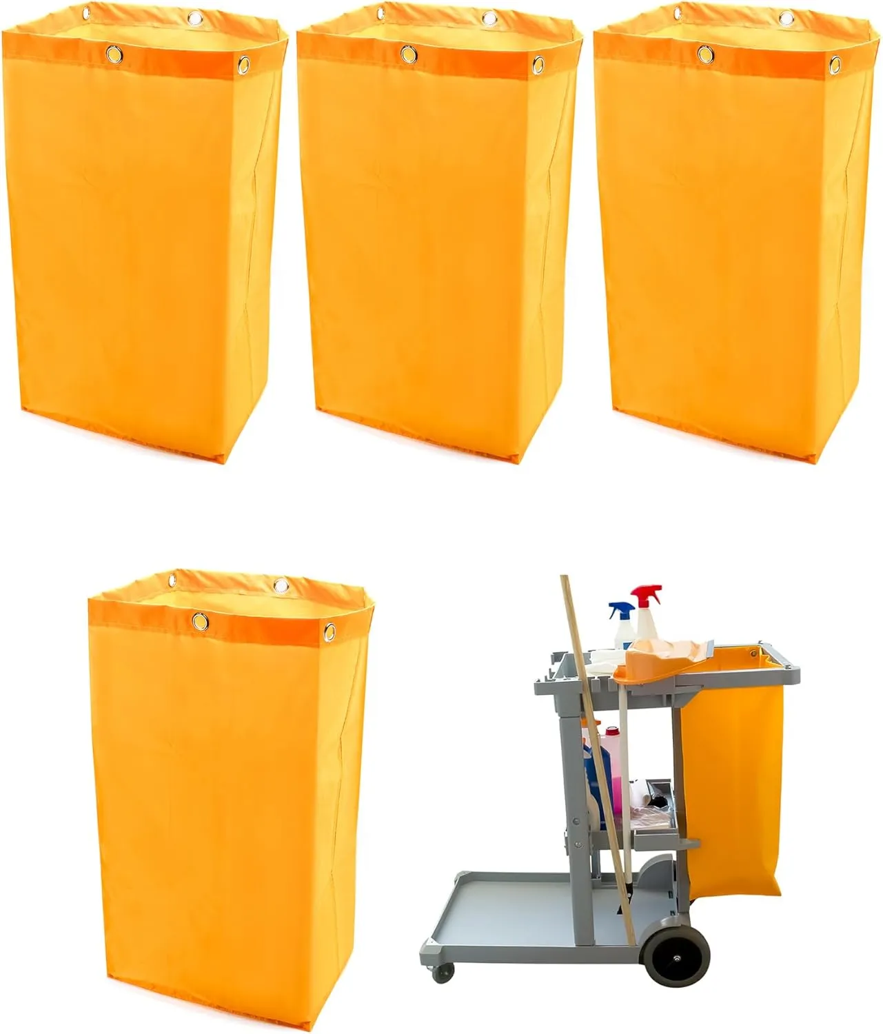 QWORK Replacement Janitorial Cart Bag, 4 Pack 24 Gallon Waterproof Large Capacity Housekeeping Commercial Replacement Cleaning Cart Bag for Collecting Trash or Clothing (Yellow)