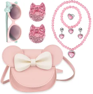 QZUnique Little Mouse Ear Bow Crossbody Purse Set, Mini Shoulder Bag with Jewelry Set Hair Clip Sunglass, PU Coin Purse Handbag Dress Up Gift for Kids Girls Toddlers, 7 Pack