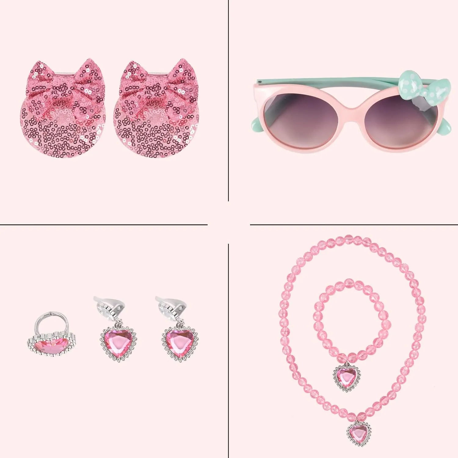 QZUnique Little Mouse Ear Bow Crossbody Purse Set, Mini Shoulder Bag with Jewelry Set Hair Clip Sunglass, PU Coin Purse Handbag Dress Up Gift for Kids Girls Toddlers, 7 Pack