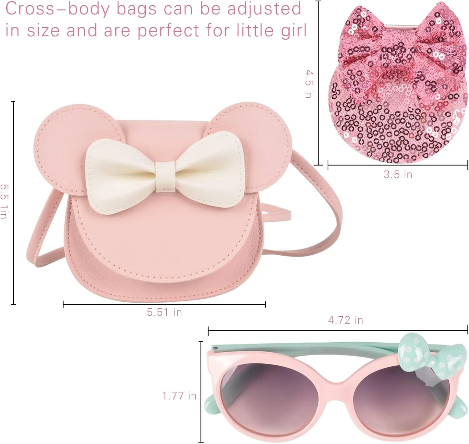 QZUnique Little Mouse Ear Bow Crossbody Purse Set, Mini Shoulder Bag with Jewelry Set Hair Clip Sunglass, PU Coin Purse Handbag Dress Up Gift for Kids Girls Toddlers, 7 Pack