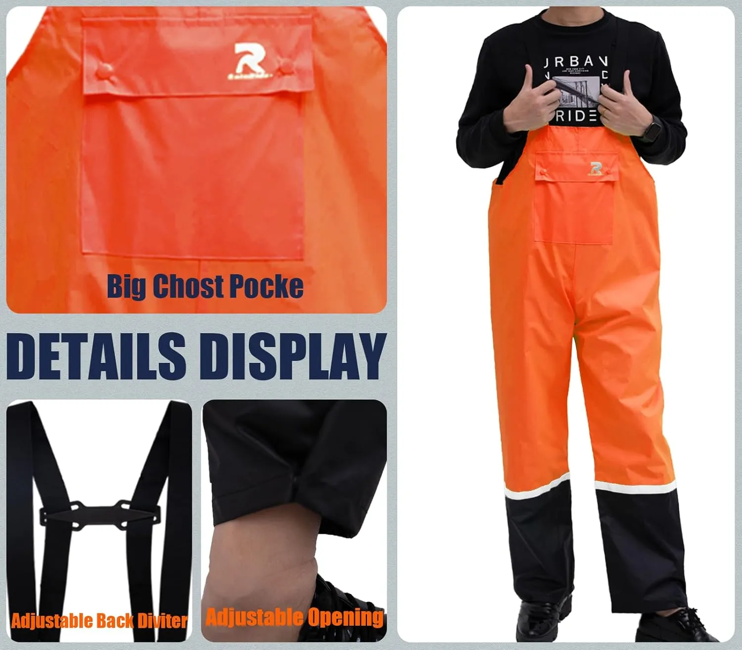RainRider Rain Bib Pants for Men Women 150D Oxford Safety Trousers Heavy Duty Waterproof Work Pants Rip-Stop Overalls