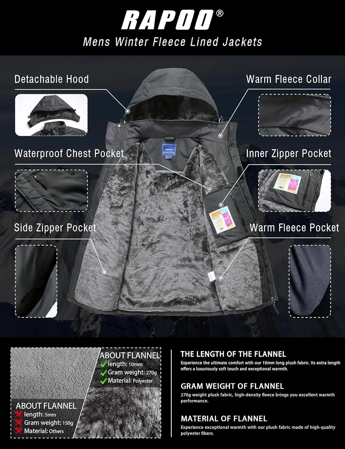 Rapoo Men's Winter Ski Snow Jacket Mountain Waterproof Windproof Rain Jacket