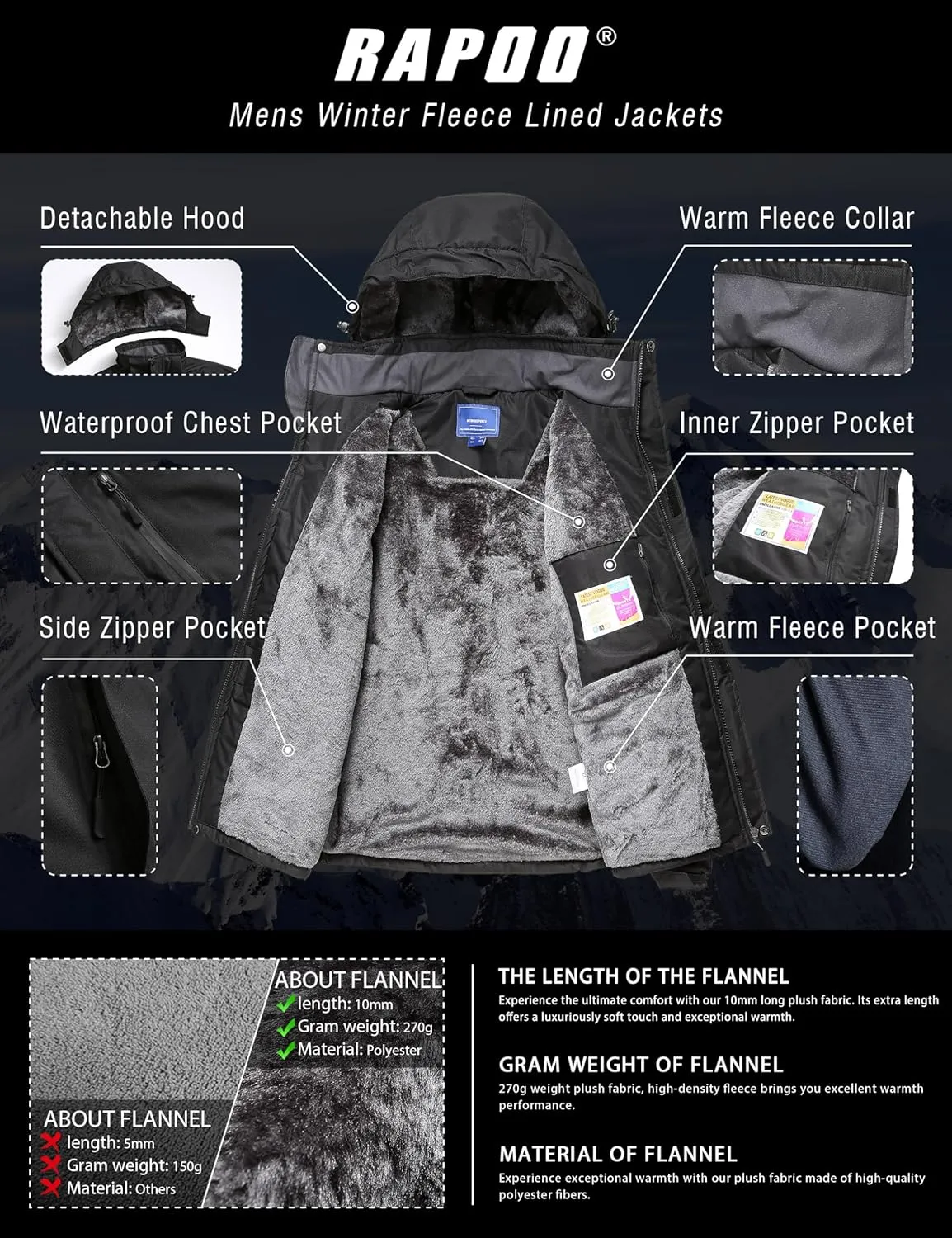 Rapoo Men's Winter Ski Snow Jacket Mountain Waterproof Windproof Rain Jacket