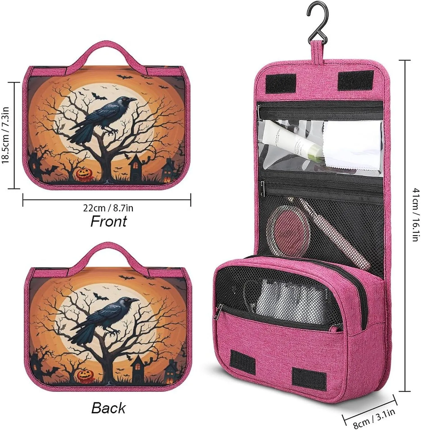 Raven Halloween Travel Toiletry Bag for Women,Hanging Toiletry Organizer with Hook, Makeup Bag Travel Organizer for Shampoo,Toiletriesl
