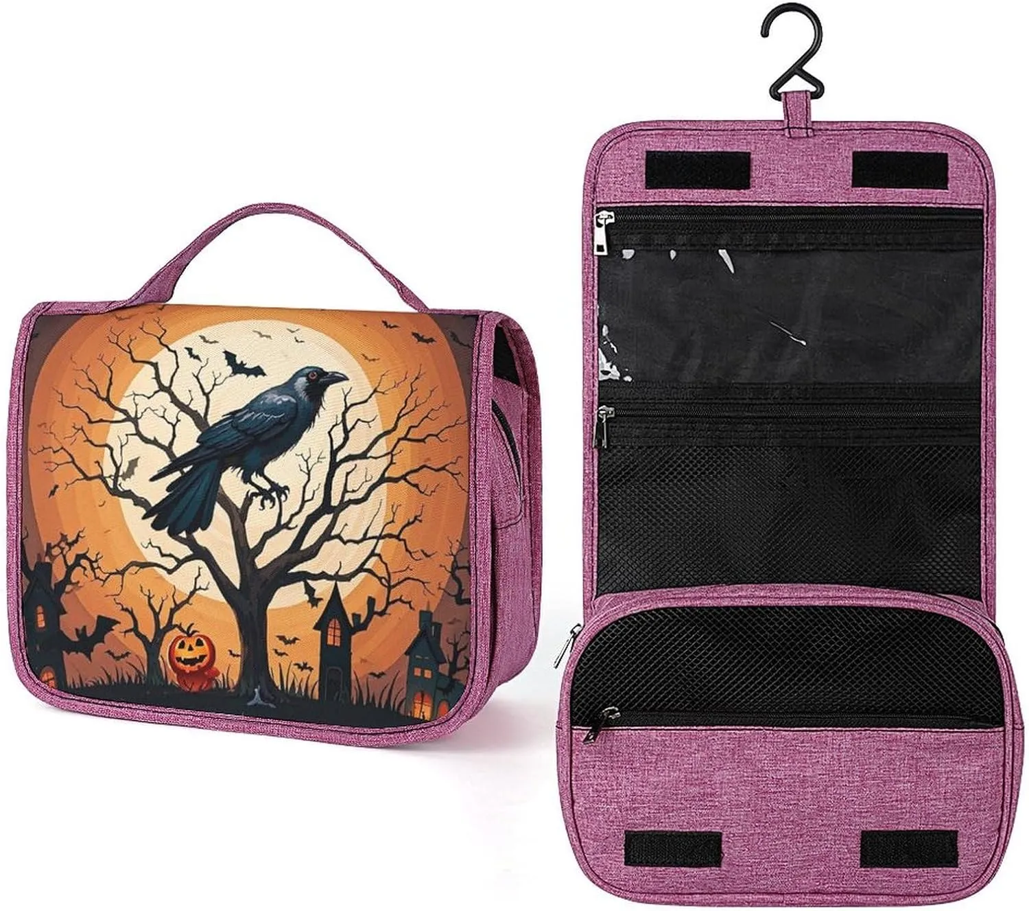Raven Halloween Travel Toiletry Bag for Women,Hanging Toiletry Organizer with Hook, Makeup Bag Travel Organizer for Shampoo,Toiletriesl