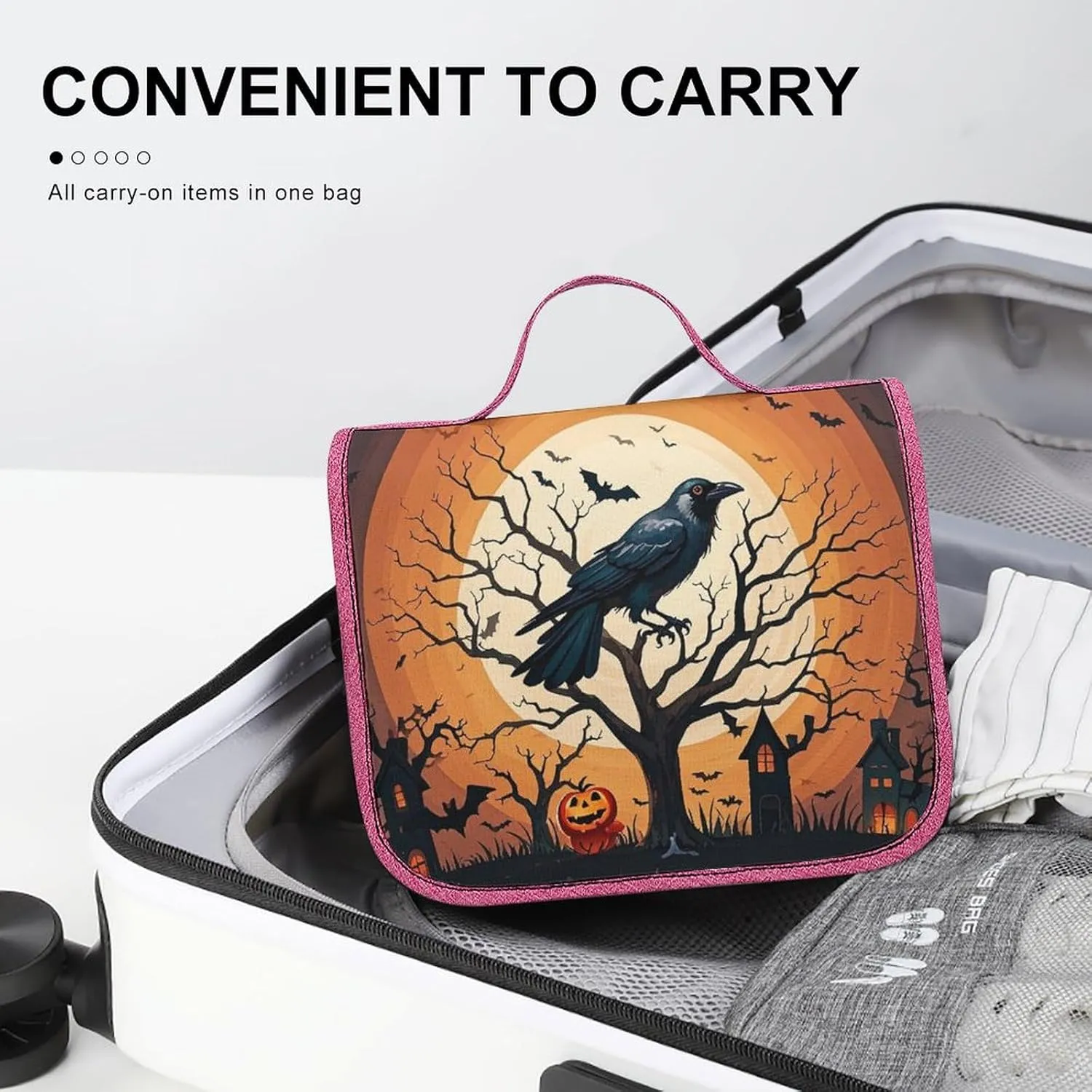 Raven Halloween Travel Toiletry Bag for Women,Hanging Toiletry Organizer with Hook, Makeup Bag Travel Organizer for Shampoo,Toiletriesl