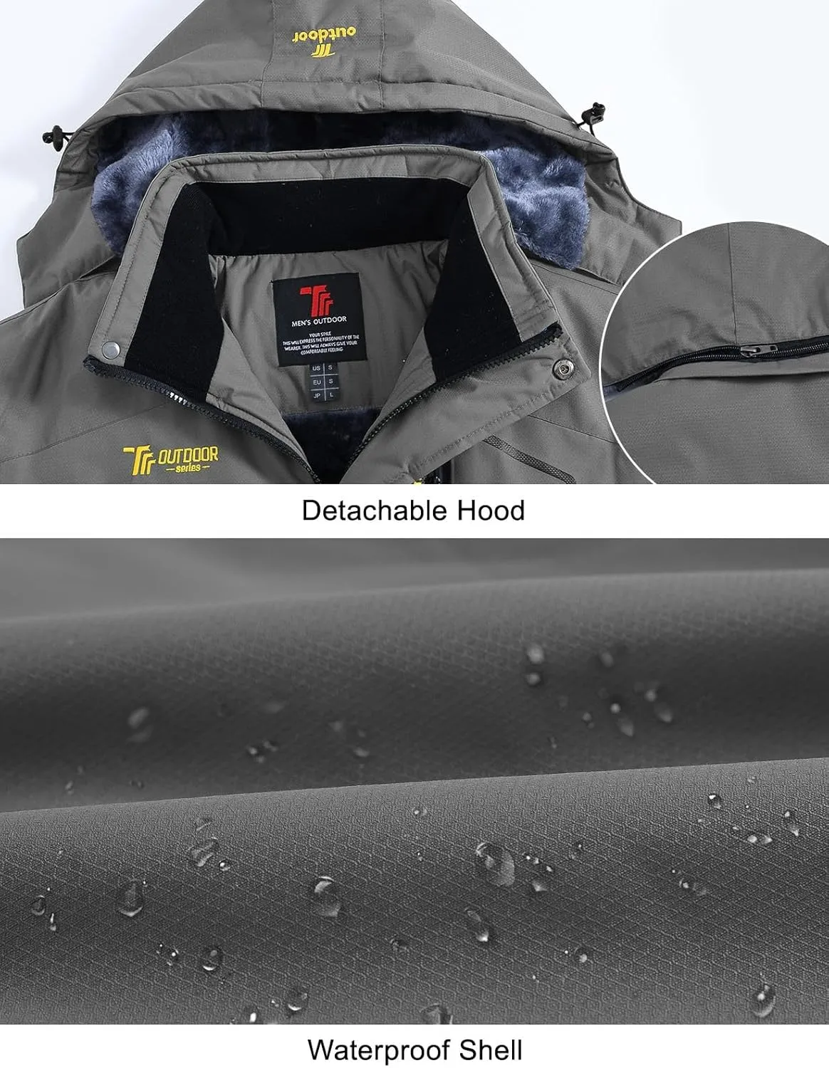 Rdruko Men's Ski Snow Jacket Waterproof Insulated Fleece Outdoor Mountain Hooded Winter Coat