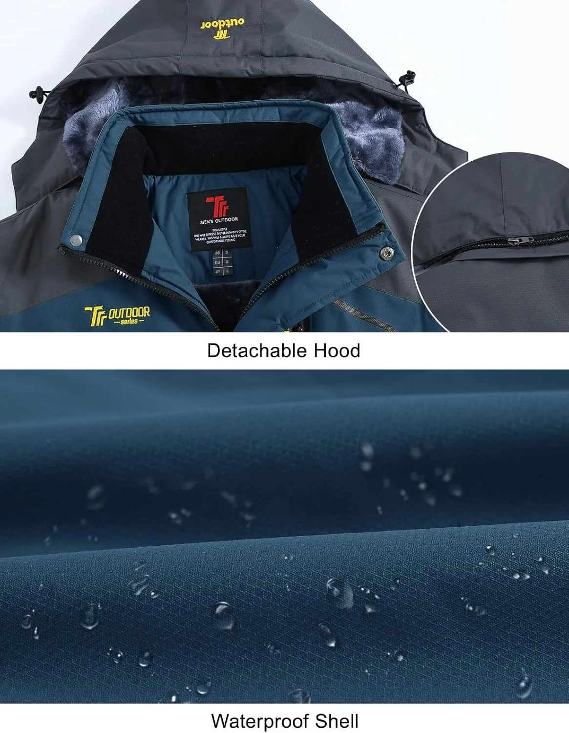Rdruko Men's Ski Snow Jacket Waterproof Insulated Fleece Outdoor Mountain Hooded Winter Coat