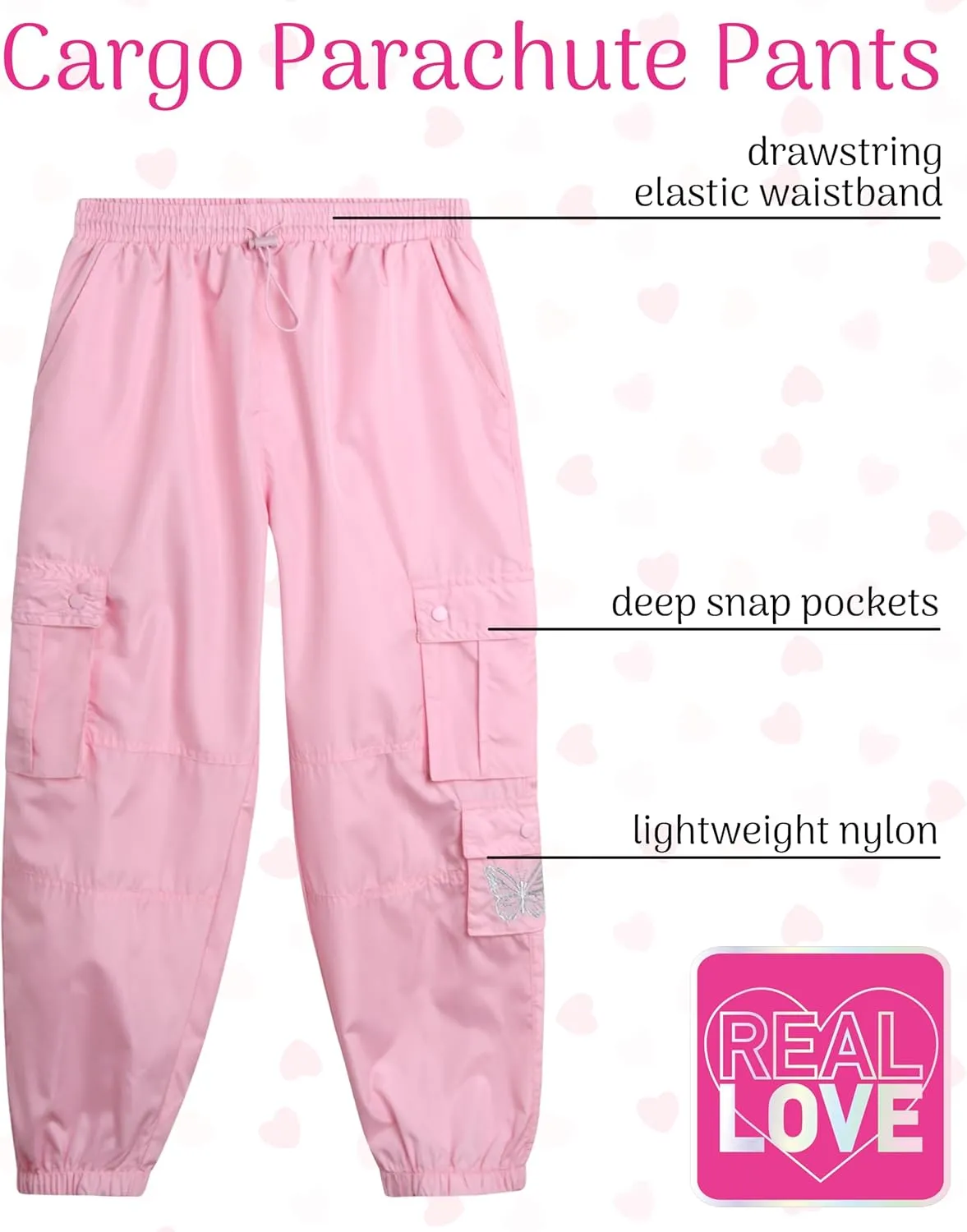 Real Love Girls' Cargo Pants - Lightweight Nylon Quick Dry Jogger Parachute Pants with Deep Multi Pockets (Sizes: 7-16)