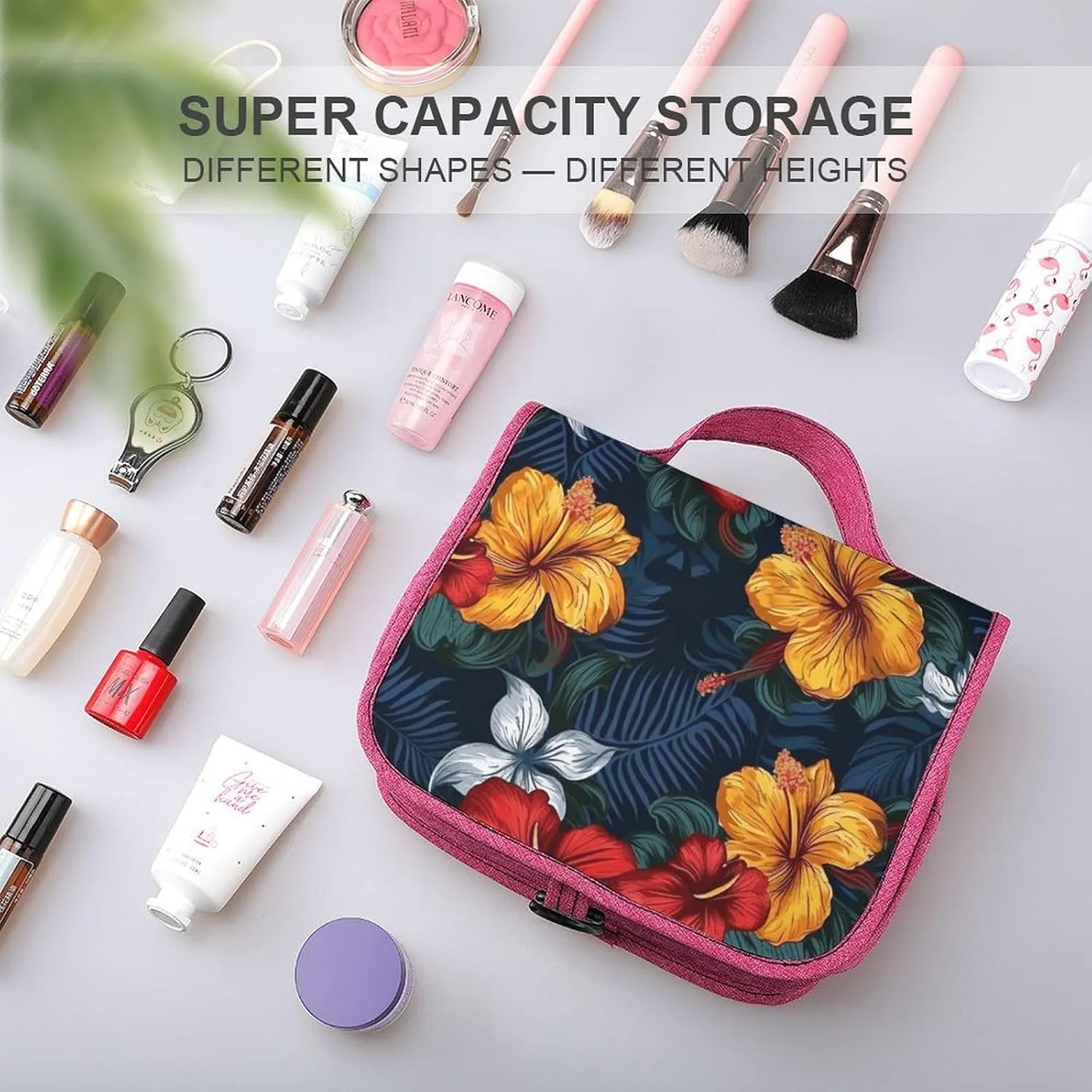 Realistic Hawaiian Flowers Travel Toiletry Bag for Women,Hanging Toiletry Organizer with Hook, Makeup Bag Travel Organizer for Shampoo,Toiletriesl