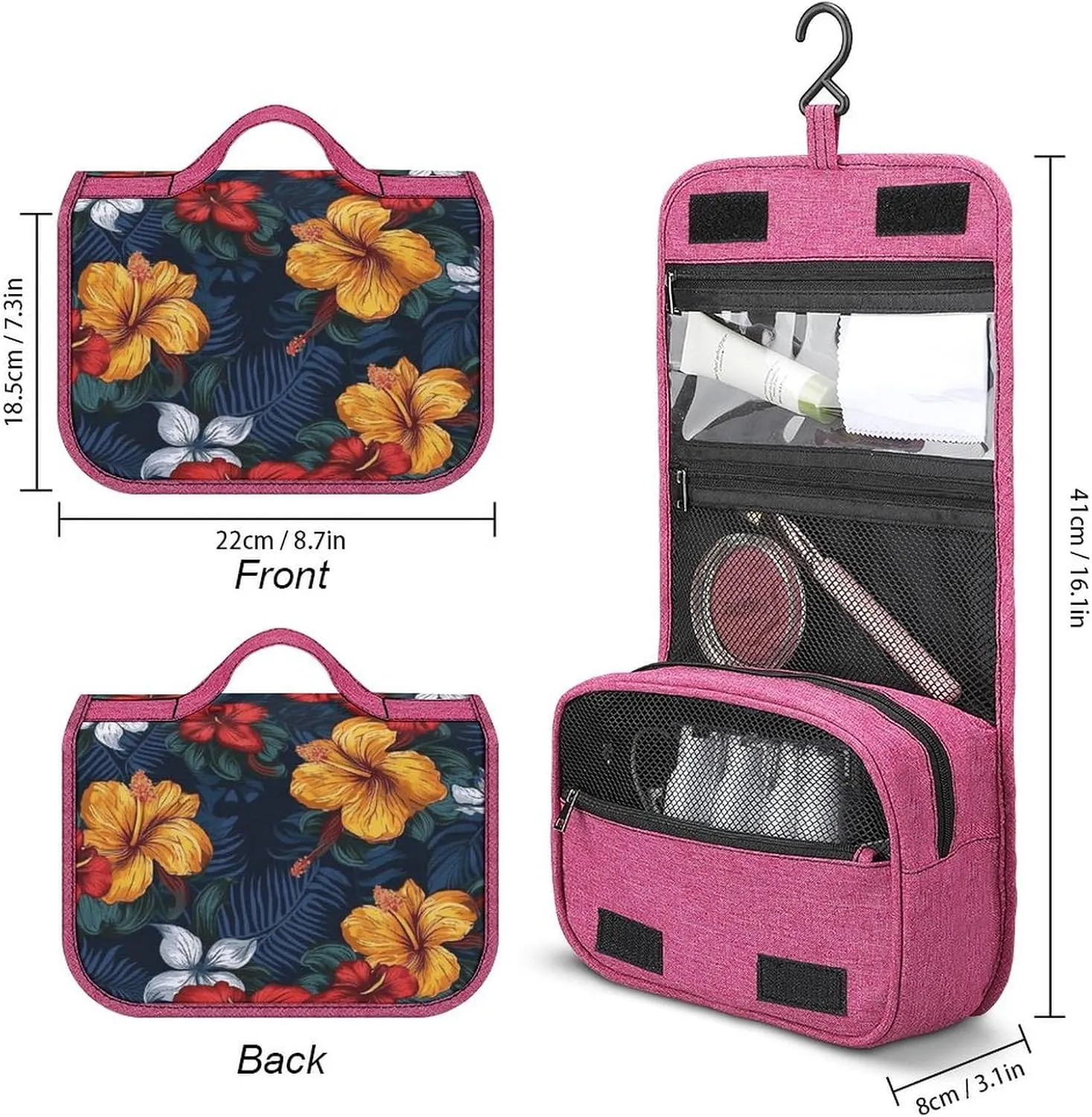 Realistic Hawaiian Flowers Travel Toiletry Bag for Women,Hanging Toiletry Organizer with Hook, Makeup Bag Travel Organizer for Shampoo,Toiletriesl