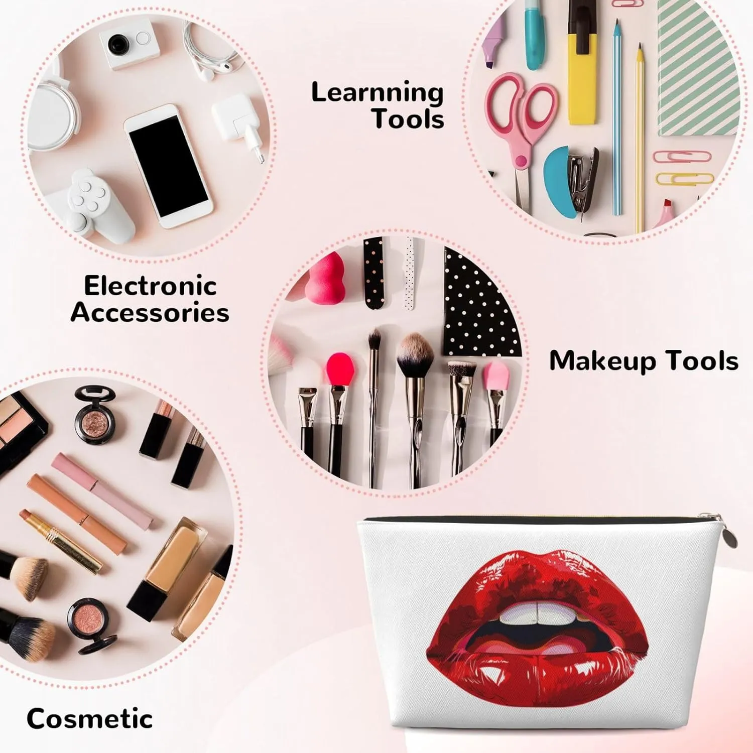 Red Lip Makeup Bag Waterproof Cosmetic Bag Organizer Small Make Up Zipper Pouch Portable Travel Toiletry Bag For Women Girls