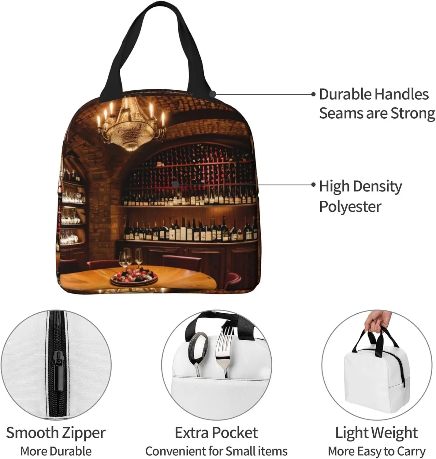 Red Wine Cellar picture Bento Box Insulated Lunch Boxes Reusable Waterproof Lunch Bag With Front Pocket For Office Picnic Hiking