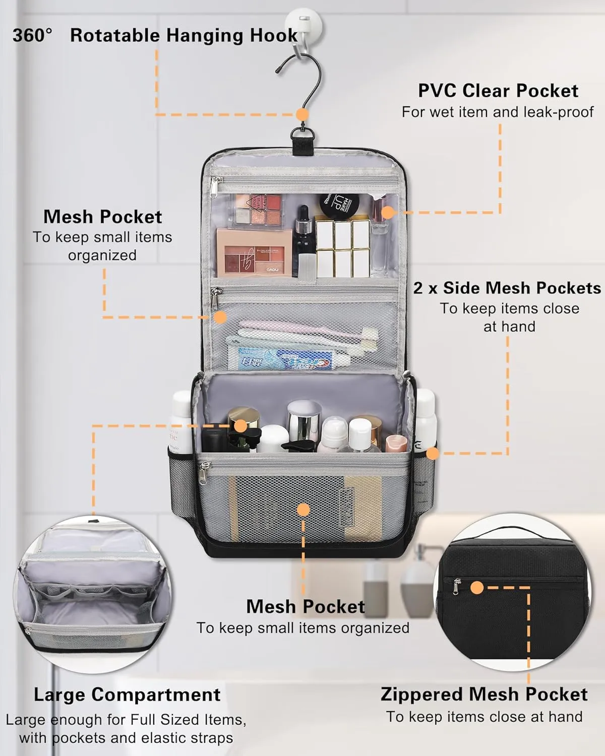 Relavel Toiletry Bag for Men, Hanging Travel Makeup Bag for Women, Waterproof Large Cosmetic Organizer Multiple Compartments for Accessories, Full Sized Toiletries, Dopp Kit Shaving Bag, Black