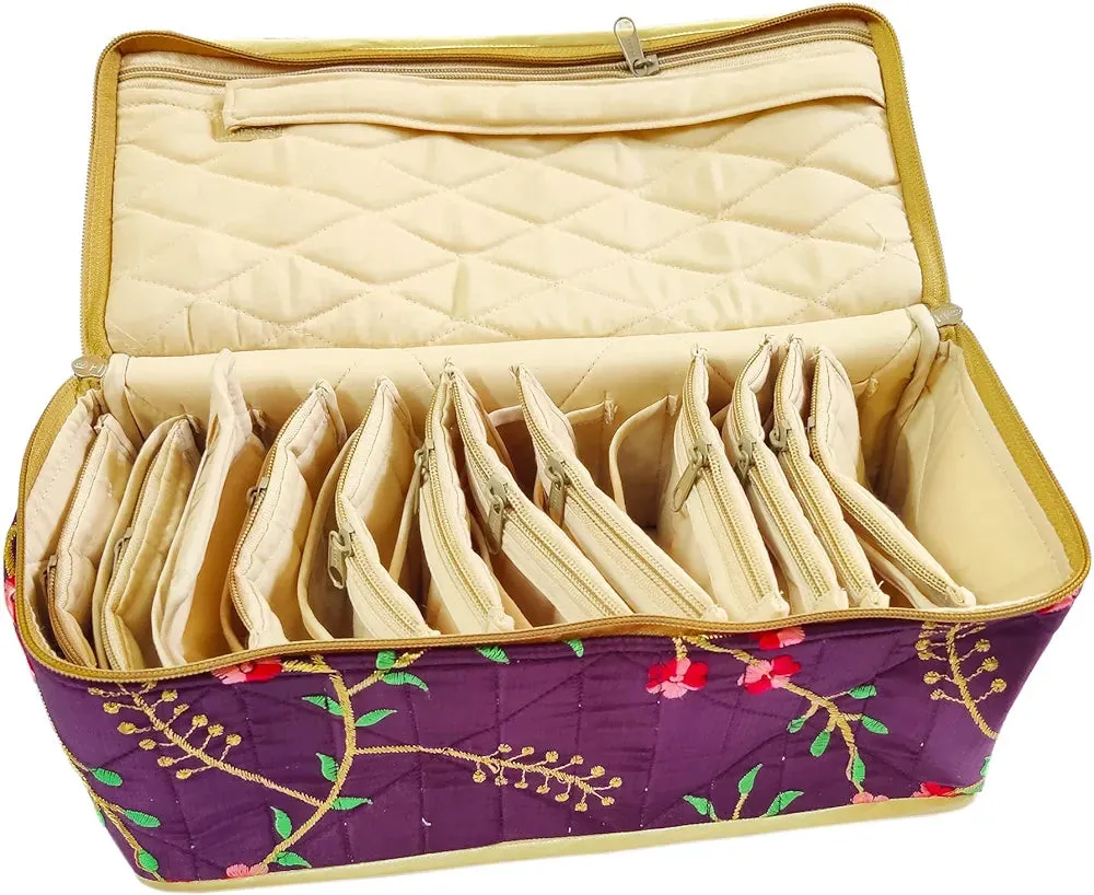 Removable Satin Embroidered Set of 12 Makeup Pouches Necklace Earrings Cosmetic Vanity Storage Box Jewellery Organizer Toiletry Organizer Pouch For Women travelling Kit