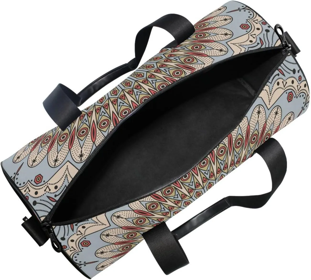 Retro Ethnic Tribal Arabesque Ornament with Peacock Feathers Portable Gym Bag, Travel Bag, Luggage bag, Sports Bag, Toiletry Bag with Handles, Detachable Shoulder Strap 17.6 x 9 x 9 inch