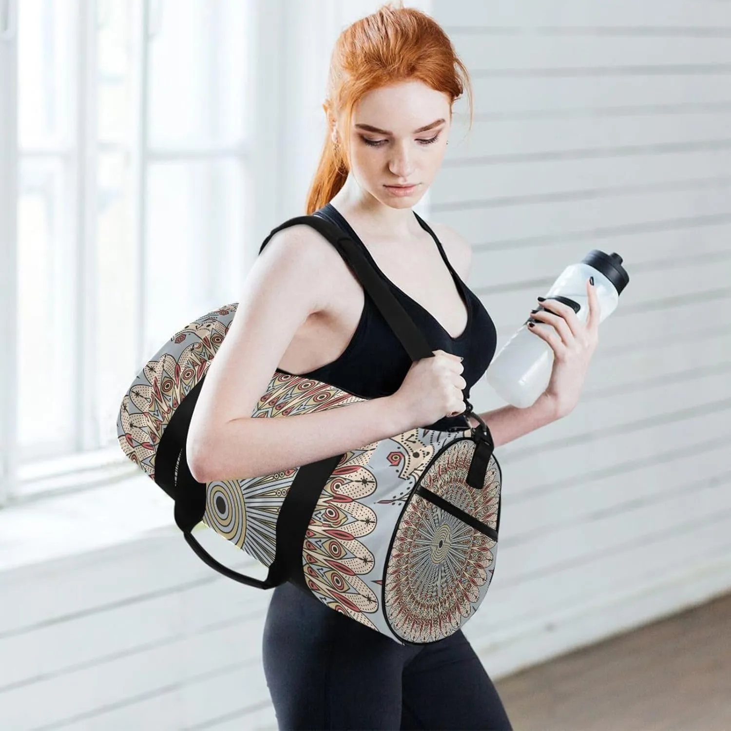 Retro Ethnic Tribal Arabesque Ornament with Peacock Feathers Portable Gym Bag, Travel Bag, Luggage bag, Sports Bag, Toiletry Bag with Handles, Detachable Shoulder Strap 17.6 x 9 x 9 inch