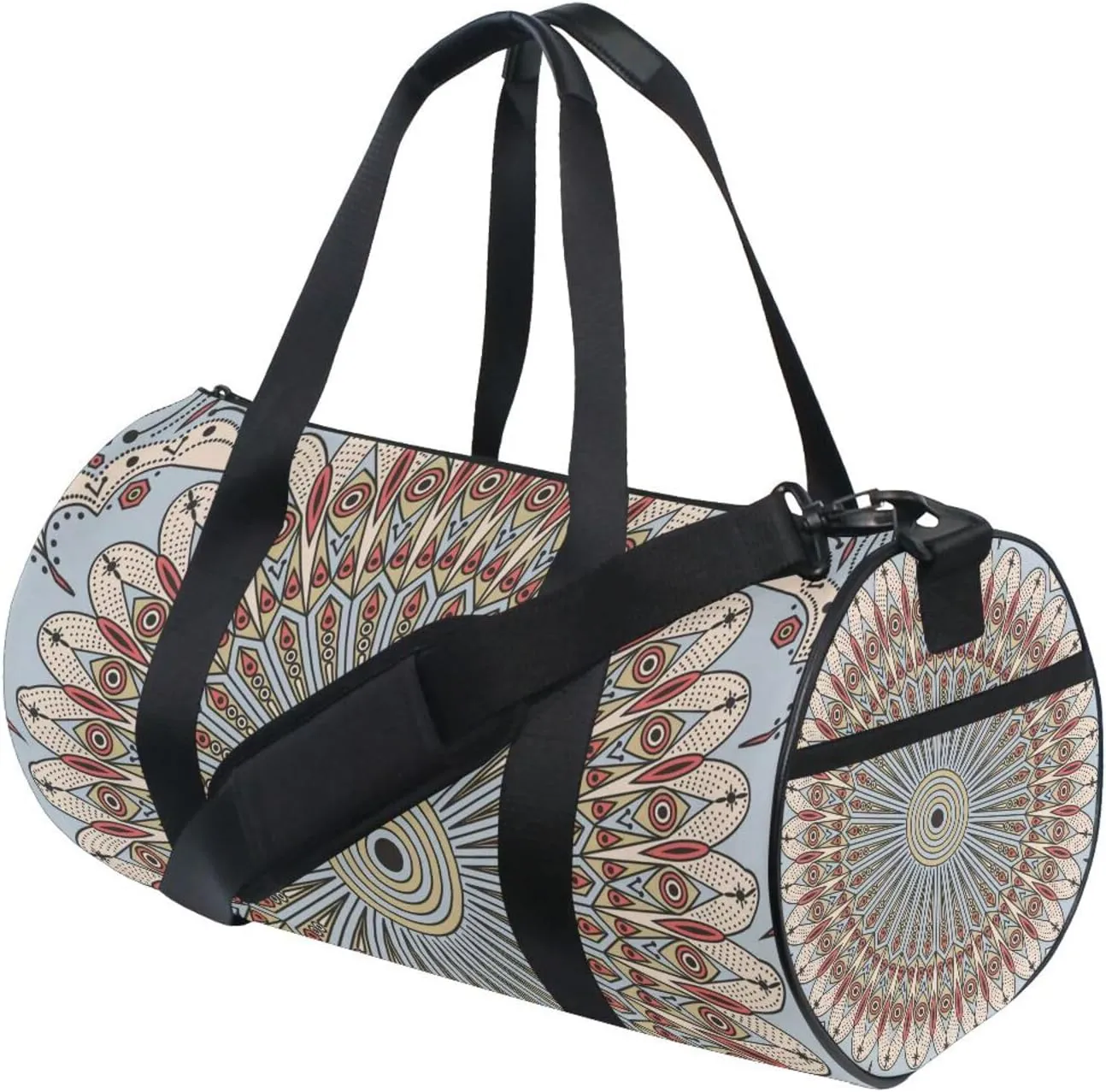 Retro Ethnic Tribal Arabesque Ornament with Peacock Feathers Portable Gym Bag, Travel Bag, Luggage bag, Sports Bag, Toiletry Bag with Handles, Detachable Shoulder Strap 17.6 x 9 x 9 inch
