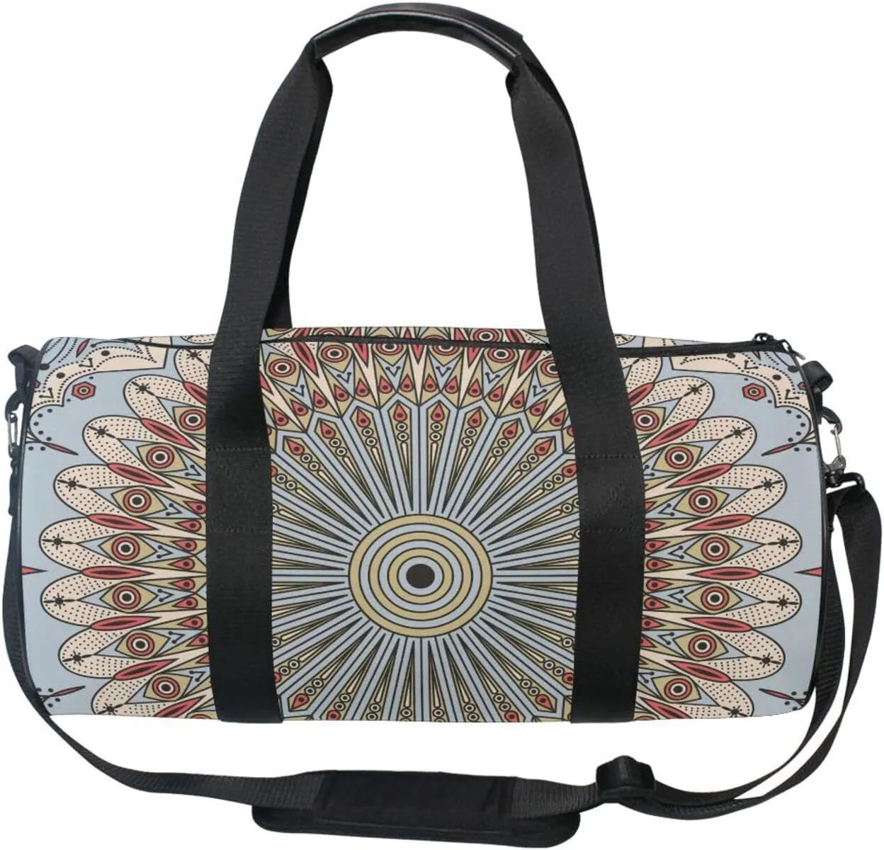 Retro Ethnic Tribal Arabesque Ornament with Peacock Feathers Portable Gym Bag, Travel Bag, Luggage bag, Sports Bag, Toiletry Bag with Handles, Detachable Shoulder Strap 17.6 x 9 x 9 inch