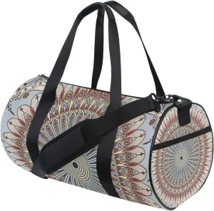 Retro Ethnic Tribal Arabesque Ornament with Peacock Feathers Portable Gym Bag, Travel Bag, Luggage bag, Sports Bag, Toiletry Bag with Handles, Detachable Shoulder Strap 17.6 x 9 x 9 inch