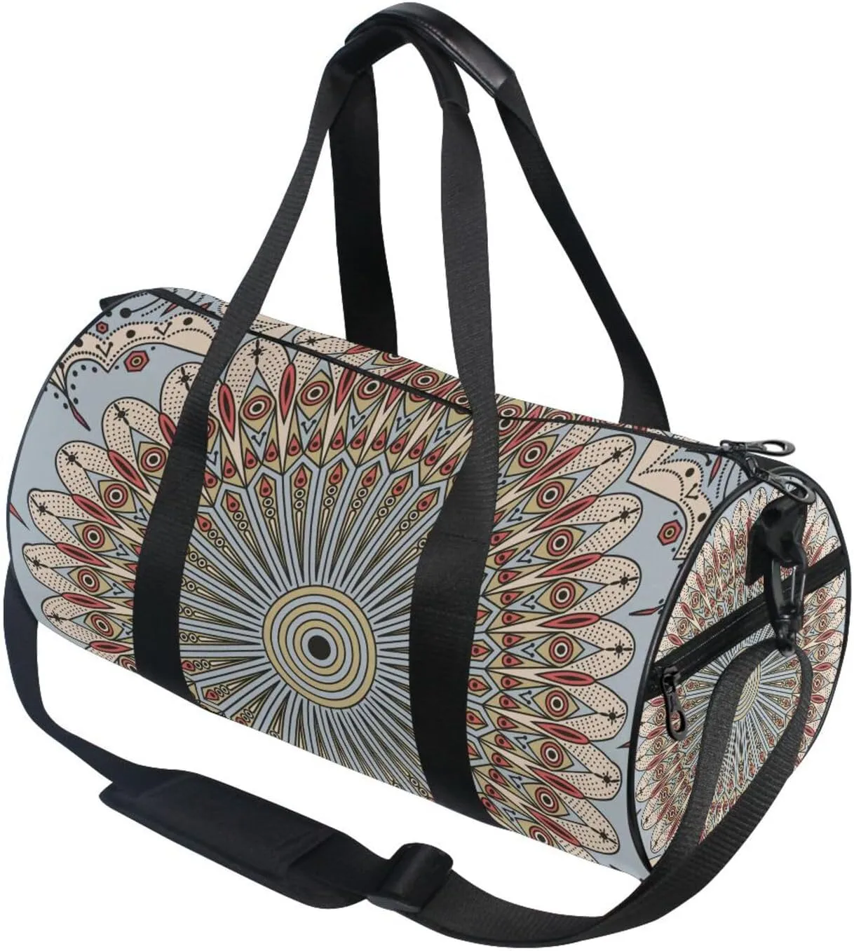 Retro Ethnic Tribal Arabesque Ornament with Peacock Feathers Portable Gym Bag, Travel Bag, Luggage bag, Sports Bag, Toiletry Bag with Handles, Detachable Shoulder Strap 17.6 x 9 x 9 inch