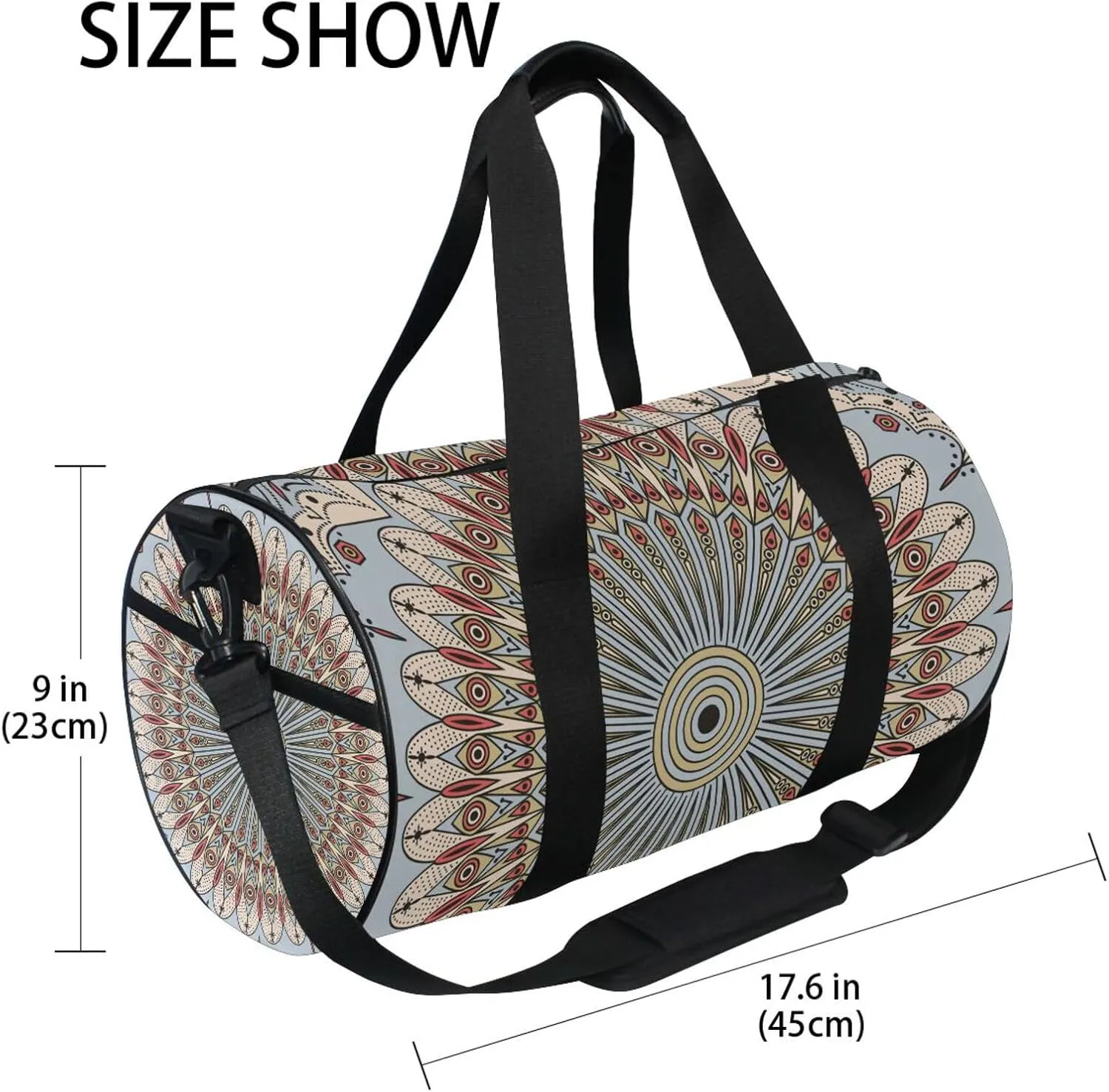 Retro Ethnic Tribal Arabesque Ornament with Peacock Feathers Portable Gym Bag, Travel Bag, Luggage bag, Sports Bag, Toiletry Bag with Handles, Detachable Shoulder Strap 17.6 x 9 x 9 inch