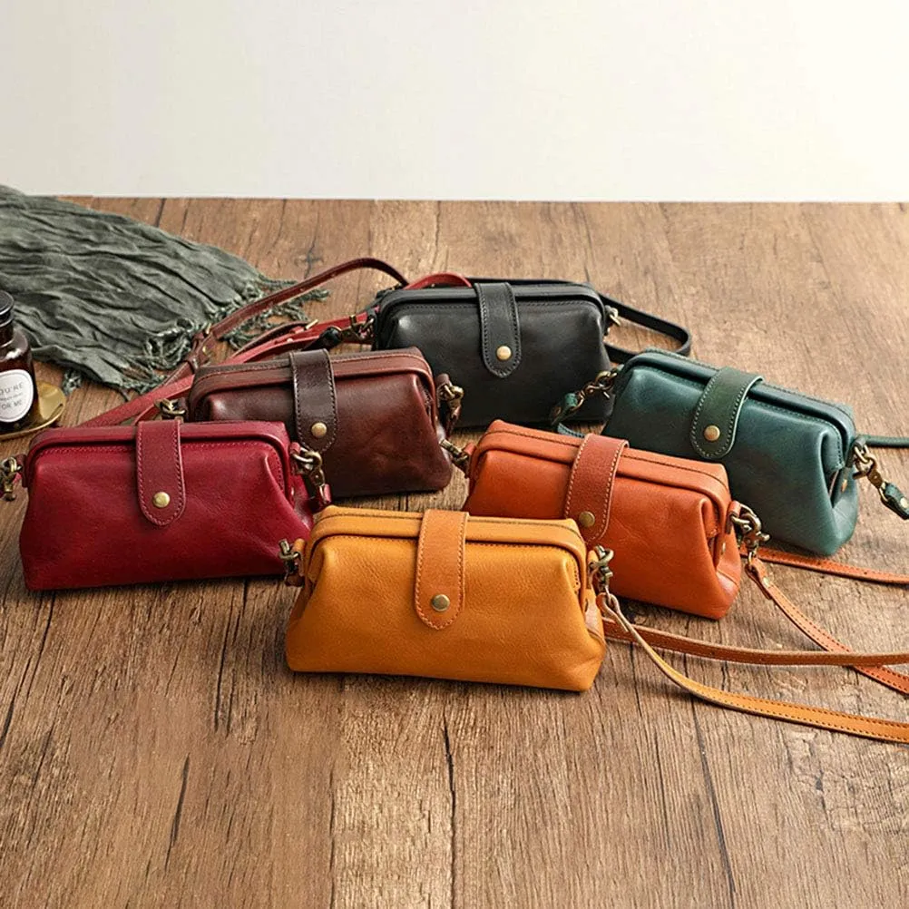 Retro Handmade Doctor Bag Crossbody Bag Women Vintage Leather Crossbody Shoulder Bag (Black)