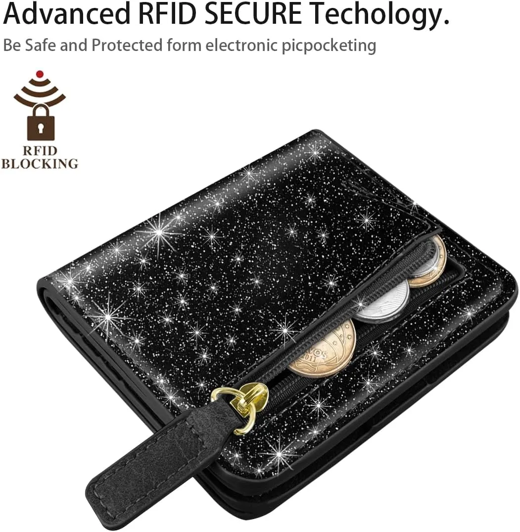 RFID Blocking Small Wallet Compact Bifold Pocket Credit Card Holder Leather Coin Slot Mini Purse with ID Window for Women or Men, Glitter Black