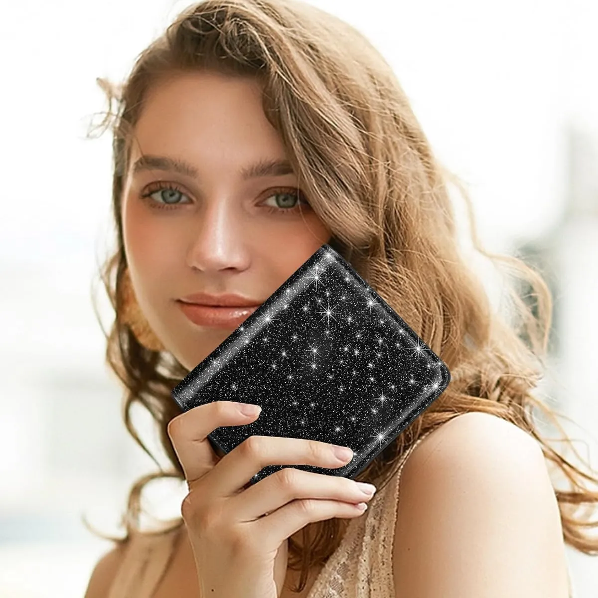 RFID Blocking Small Wallet Compact Bifold Pocket Credit Card Holder Leather Coin Slot Mini Purse with ID Window for Women or Men, Glitter Black